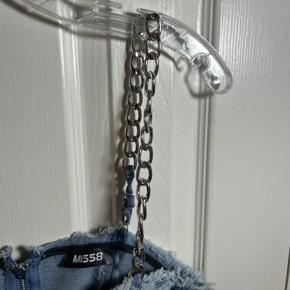 Miss 8 Blue Wash Denim Lace Up Corset L Chains Stretch Zip Back - Picture 3 of 7